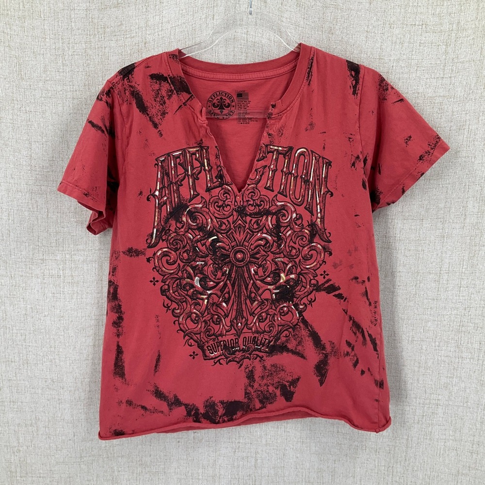 Affliction Graphic Tee Womens Large Red Cotton Gothic Grunge Biker Splatter Airy